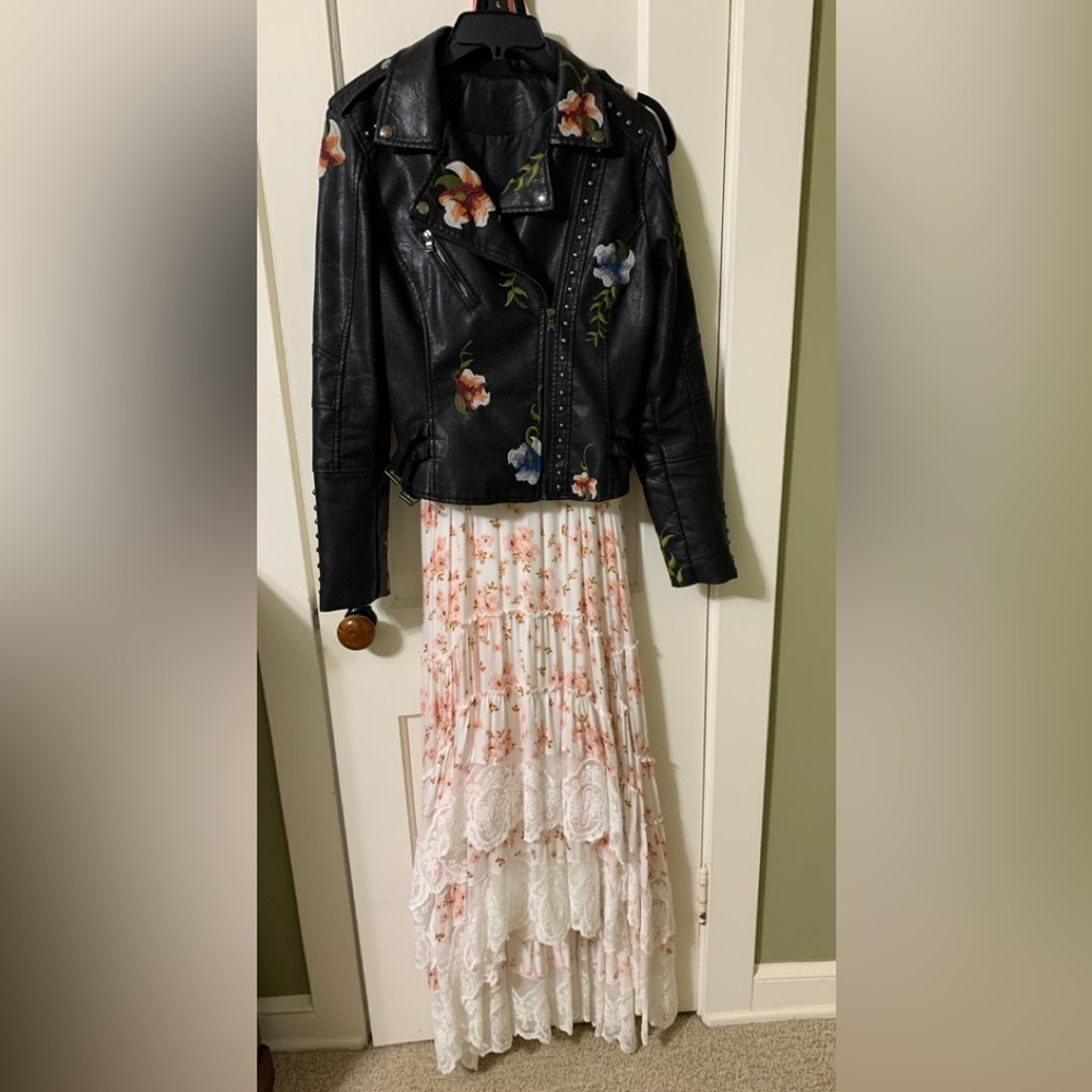 Embroidered Floral Vegan Leather Moto Jacket